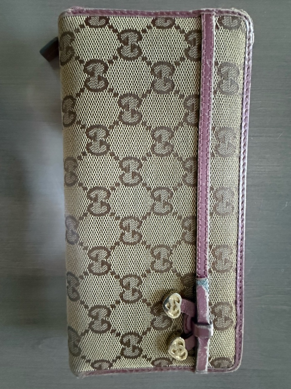 Gucci Monogram Continental Wallet in Beige and Brown with Pink Trim